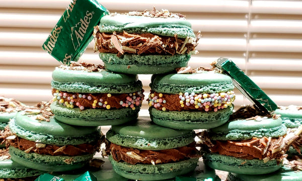 Assorted Green store and Pink Pretzels Cookies Cream Macarons and Strawberries Chocolate inside