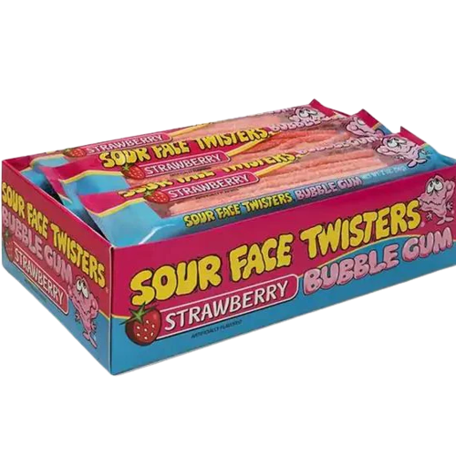 All City Candy Face Twisters Strawberry Sour Bubble Gum 2 oz. Tray - Case of 12 Sour Schuster Products For fresh candy and great service, visit www.allcitycandy.com