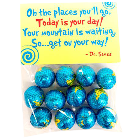 "Oh, the Places You'll Go!" Foiled Chocolate Globes - 12 Piece Bag - Visit www.allcitycandy.com for great candy, service and delicious treats.