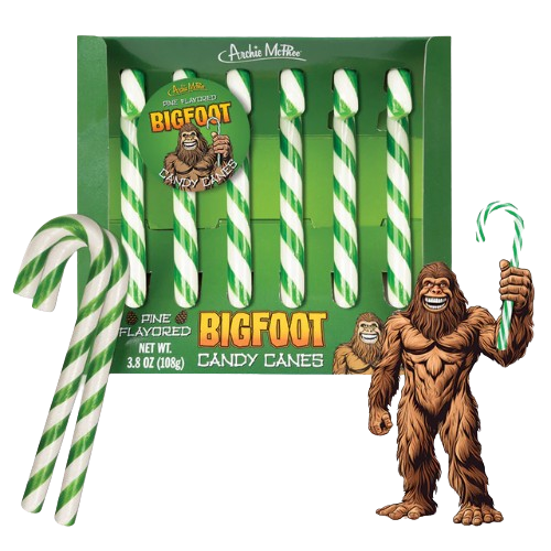 Archie McPhee BigFoot Pine Flavored 6 Count Candy Cane 3.8 oz. Box - Discover www.allcitycandy.com for bulk candy, chocolates, gummies & seasonal sweets. Perfect for parties, gifts & everyday treats—shop your favorites now!