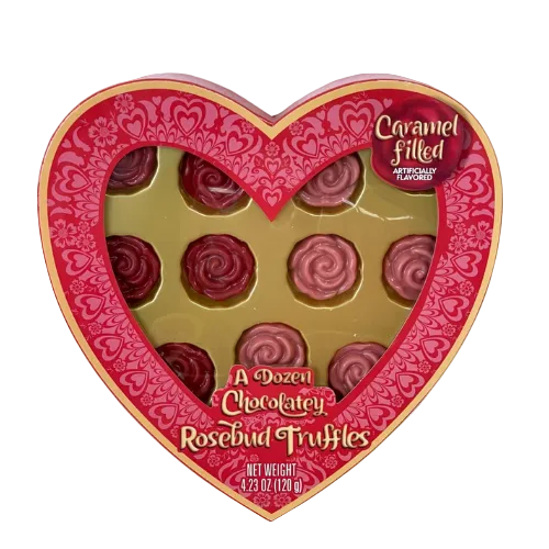 Chocolate Rosebud Truffles Caramel Filled Heart Box 12-Piece - All