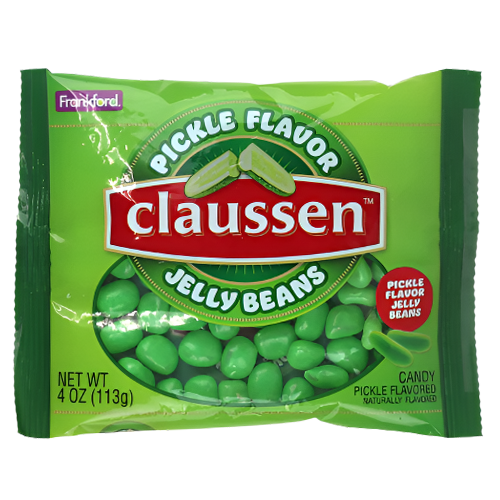 Frankford Claussan Pickle Jelly Beans 4 oz. Bag - Visit www.allcitycandy.com for great candy, service and delicious treats.