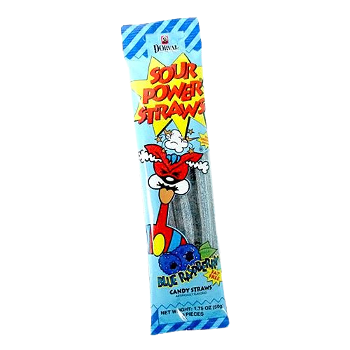 Sour Power Blue Raspberry Candy Straws - 1.75-oz. Pack Case of 24