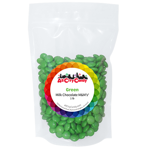 M&M Milk Chocolate Green 1 lb. Bulk Bag - Visit www.allcitycandy.com for great candy, service and delicious treats!