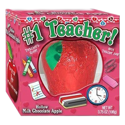 Chocolate apple in a pink box with 'Teacher' text and graphics All City Candy #1 Teacher Hollow Milk Chocolate Apple 3.75 oz. Valentine's Day R.M. Palmer Company For fresh candy and great service, visit www.allcitycandy.com