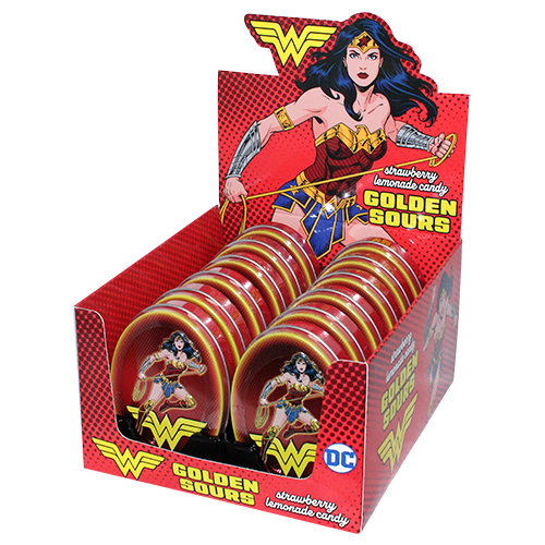 Wonder Woman Strawberry Lemonade Candy Golden Sours 1.2 oz. Tin - For fresh candy and great service, visit www.allcitycandy.com
