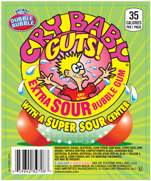 Cry Baby Guts Extra Sour Filled Bubble Gum 3 LB Bulk Bag All City Candy
