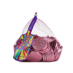 All City Candy Fort Knox Fuchsia Pink Milk Chocolate Coins - 1 LB Mesh Bag Chocolate Gerrit J. Verburg Candy For fresh candy and great service, visit www.allcitycandy.com