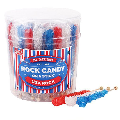 USA Rock Red, White & Blue Rock Candy Crystal Sticks - Tub of 36 - All City  Candy