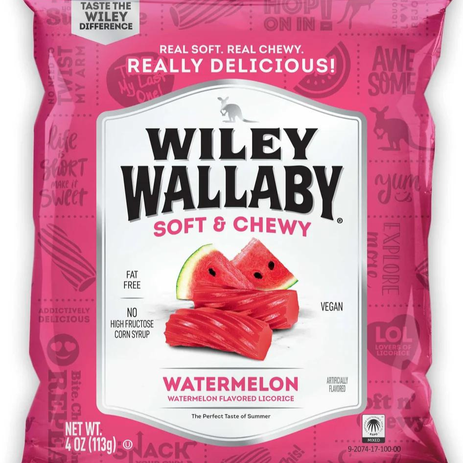 All City Candy Wiley Wallaby Soft and Chewy Watermelon Licorice 4 oz. Bag Licorice Kenny's Candy Company For fresh candy and great service, visit www.allcitycandy.com