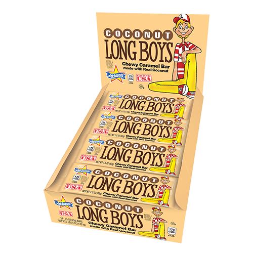 All City Candy Coconut Long Boys Chewy Caramel Candy Bar 1.5 oz. Candy Bars Atkinson's Candy 1 Bar For fresh candy and great service, visit www.allcitycandy.com