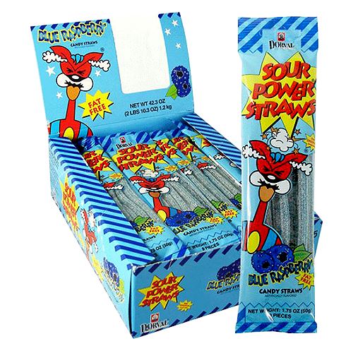 Sour Power Blue Raspberry Candy Straws - 1.75-oz. Pack Case of 24