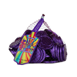 All City Candy Fort Knox Purple Milk Chocolate Coins - 1 LB Mesh Bag Chocolate Gerrit J. Verburg Candy For fresh candy and great service, visit www.allcitycandy.com