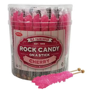 All City Candy Pink Cherry Flavored Rock Candy Crystal Sticks - Tub of 36 Rock Candy Espeez For fresh candy and great service, visit www.allcitycandy.com