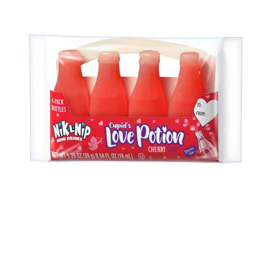 Pack of Nik-L-Nip Cupid's Love Potion Cherry drinks on a white background
