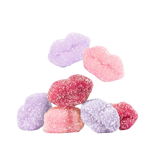 Colorful gummy lip candies on a white background