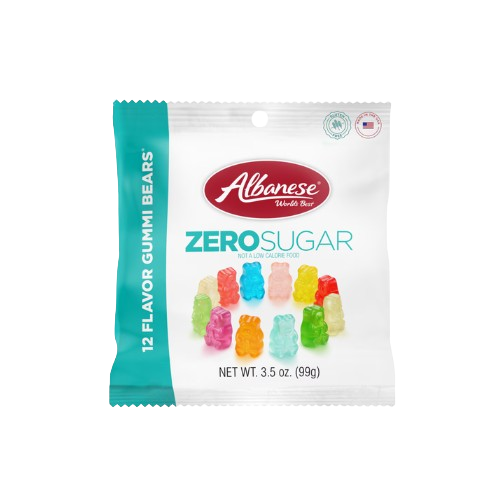 A package of Albanese Zero Sugar Gummy Bears candy on a plain white background. The packaging is white with a bright teal vertical band on the left, a red Albanese logo, and illustrations of colorful gummy bears.