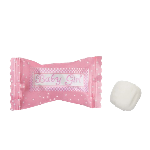 Pink candy bar with 'Baby Girl' text and a white candy on a white background