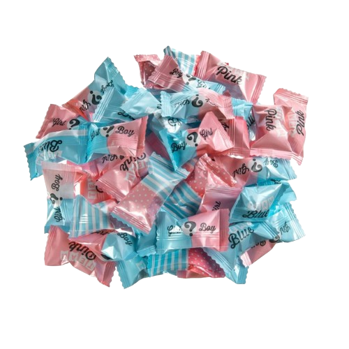 Assorted pink and blue wrapped candies on a white background