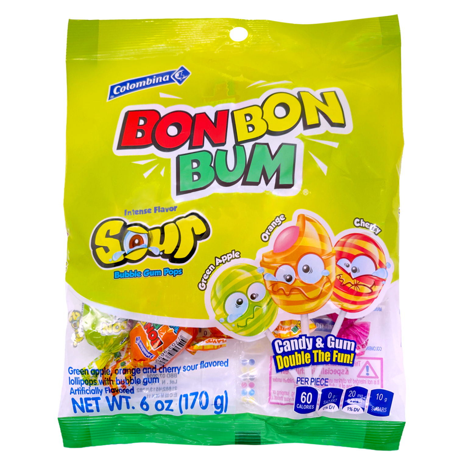 Colombina Bon Bon Bum Sour Bubble Gum Pops - 6-oz. Bag