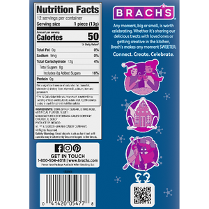 Brach's candy label with nutrition facts and branding information on a blue background