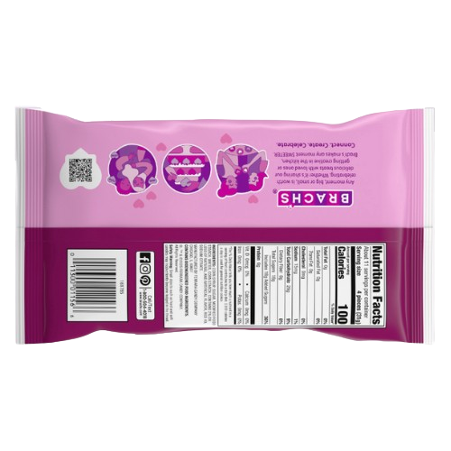 Back view of a Brach's Cinnamon Jelly Hearts 12 oz Bag with nutritional information.