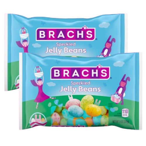 Two packages of Brach's Speckled Jelly Beans on a white background