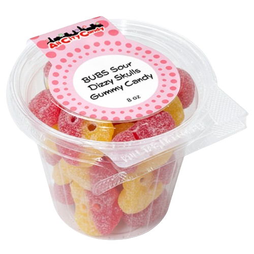 A 8 oz clear plastic tub of A1 City Candy Bubs Sour Dizzy Skulls Gummy Candy, filled with red and yellow gummy skulls, with a pink and white label on a white background.
