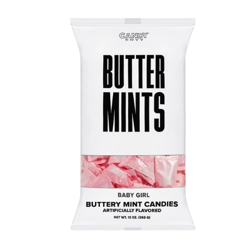 Bag of candy labeled 'Butter Mints' with pink candy visible on a white background