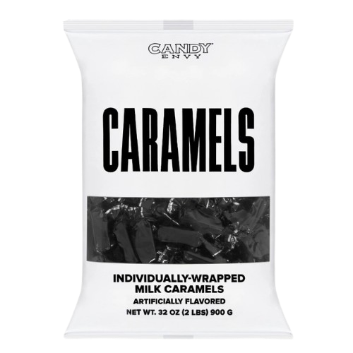 White bag of Caramel Candies wrapped in Black Foil 2 lbs. 