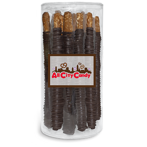 Dark Chocolate Hand Dipped Pretzel Rods 12 pc. Tube - Visit www.allcitycandy.com for great candy, service and delicious treats.