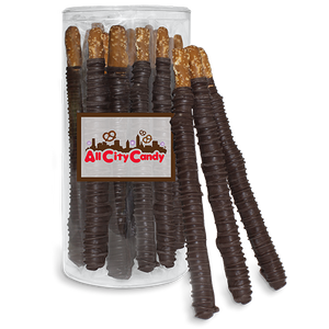 Dark Chocolate Hand Dipped Pretzel Rods 12 pc. Tube - Visit www.allcitycandy.com for great candy, service and delicious treats.
