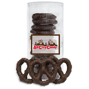 Dark Chocolate Hand Dipped Pretzel Twists 12 pc. Tube - Visit www.allcitycandy.com for great candy, service and delicious treats.
