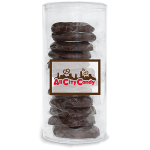 Dark Chocolate Hand Dipped Pretzel Twists 12 pc. Tube - Visit www.allcitycandy.com for great candy, service and delicious treats.
