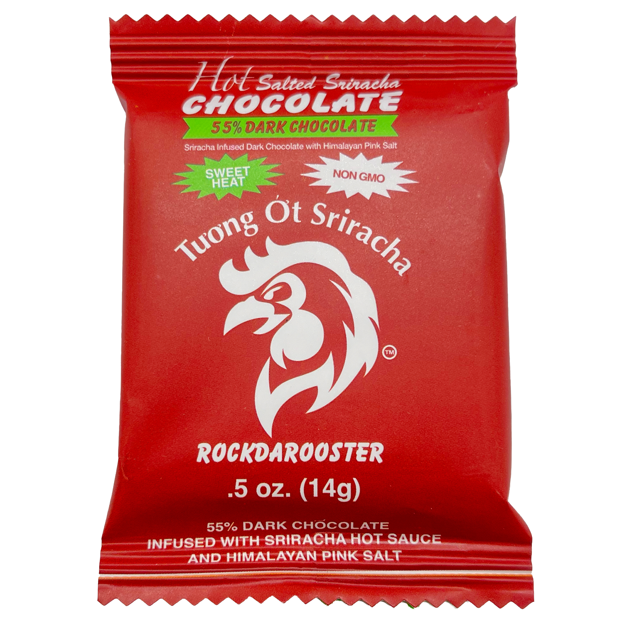 Hot Salted Sriracha Chocolate 55% Dark Chocolate Bar .5 oz. - Visit www.allcitycandy.com for great candy, service and delicious treats.