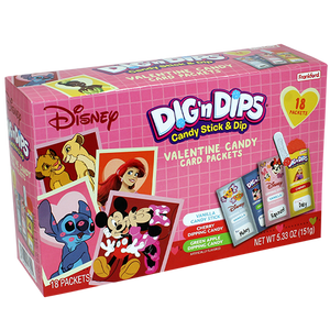 Disney Valentine's Dig n Dips 18 Packets 5.33 oz. Box - Visit www.allcitycandy.com for great candy, service and delicious treats.
