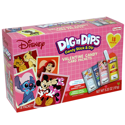 Disney Valentine's Dig n Dips 18 Packets 5.33 oz. Box - Visit www.allcitycandy.com for great candy, service and delicious treats.
