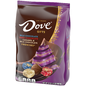 Dove chocolate gift bag with various chocolate pieces on a white background