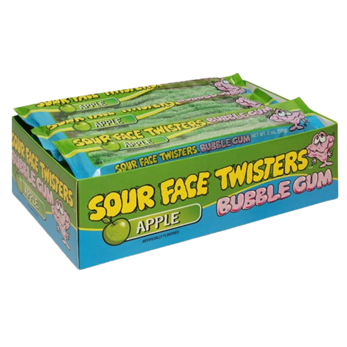 Face Twisters Green Apple Sour Bubble Gum Straws 2 oz. Tray