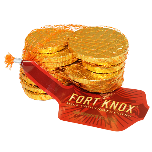 Fort Knox Milk Chocolate Gold Coins 2 oz. Mesh Bag - Visit www.allcitycandy.com for great candy and delicious treats!
