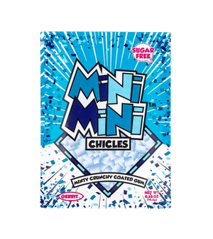 Packaging of Mini Mini Chicles gum with blue and white design