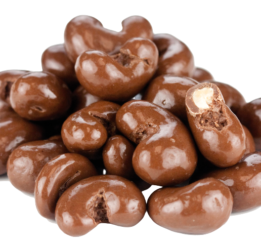 Close-up of chocolate-covered cashews on a white background