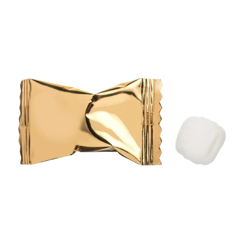 Gold candy wrapper with a white candy on a white background