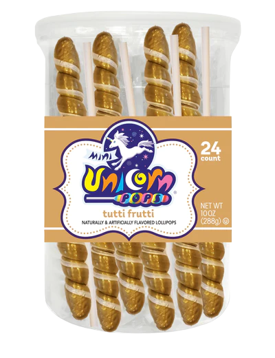 All City Candy Gold & White Tutti Frutti Mini Unicorn Pop - 24 Count Tub Kosher Lollipop | For fresh candy and great service, visit www.allcitycandy.com