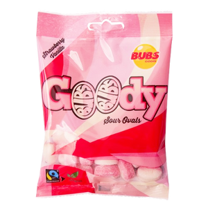 BUBS Sour Strawberry with Vanilla Sour Ovals 90 g Bag - Visit www.allcitycandy.com for great candy, service and delicious treats.