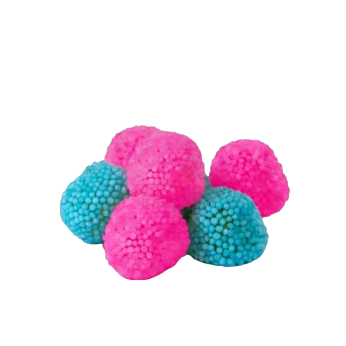 Pink and blue textured candy berries on a white background