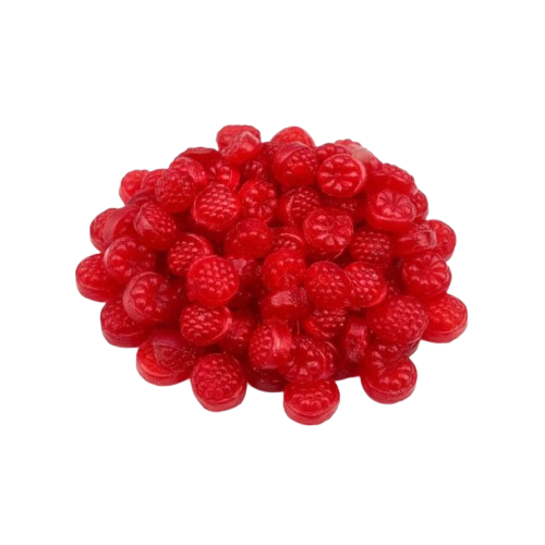Red raspberry-shaped candies on a white background