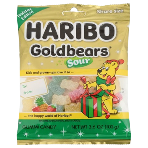 Haribo Holiday Edition Sour Goldbears 3.6 oz. Bag - Discover www.allcitycandy.com for bulk candy, chocolates, gummies & seasonal sweets. Perfect for parties, gifts & everyday treats—shop your favorites now!