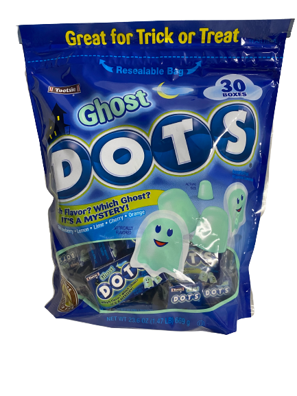 All City Candy Ghost Dots 30 Count Mini Boxes 23.6 oz. Bag- For fresh candy and great service, visit www.allcitycandy.com