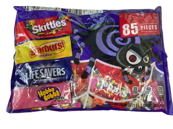 Halloween Fun Size Variety Skittles Starburst LifeSaver Hubba Bubba 85 piece 19.89 oz. Bag www.allcitycandy.com for fresh and delicious sweet treats for Halloween